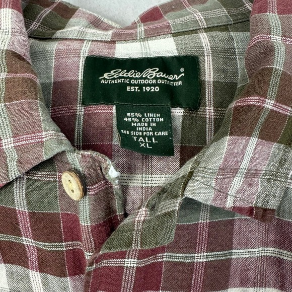 Eddie Bauer Mens Tall XL Linen Green Plaid Short Sleeve Button Down Shirt Vtg - Picture 3 of 6